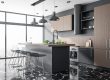 Minimalistic kitchen studio interor and city view