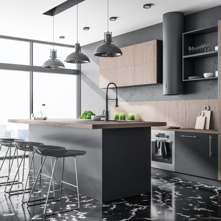 Minimalistic kitchen studio interor and city view